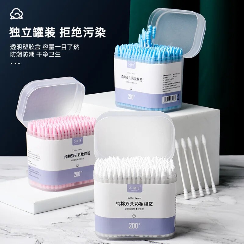 200 boxed color Makeup Remover Cotton swabs Eyeliner Cleaner Double-headed spiral tip cotton swabs