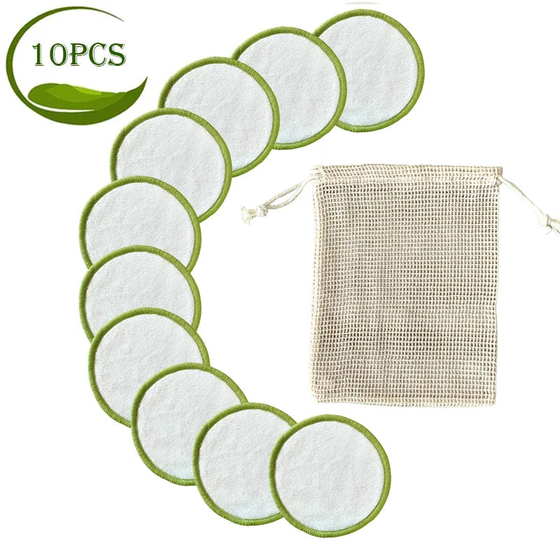 10Pcs Makeup Remover Pads Reusable Washable Round Green Edge Bamboo Cotton Make Up Remover Pads 2 Layers with 100% Washing Bag