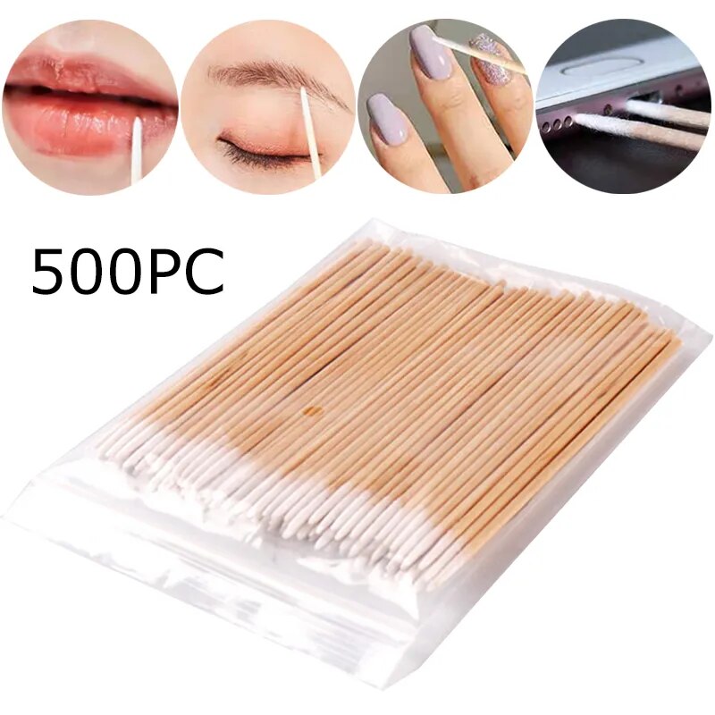 500PC/lot Wood Cotton Buds Tips Disposable Micro Cotton Swabs Makeup Ears Cleaning Sticks Cosmetic Nails Eyelash Extension Tools