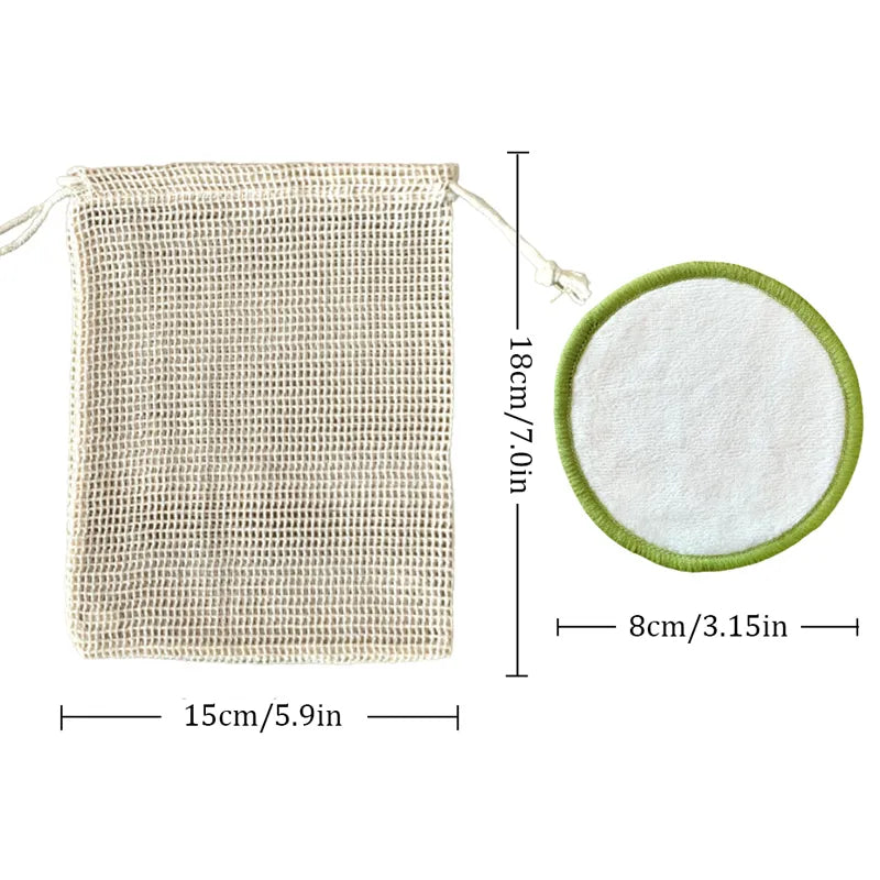 10Pcs Makeup Remover Pads Reusable Washable Round Green Edge Bamboo Cotton Make Up Remover Pads 2 Layers with 100% Washing Bag