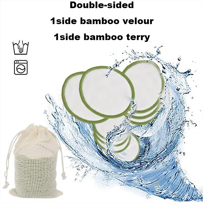 10Pcs Makeup Remover Pads Reusable Washable Round Green Edge Bamboo Cotton Make Up Remover Pads 2 Layers with 100% Washing Bag