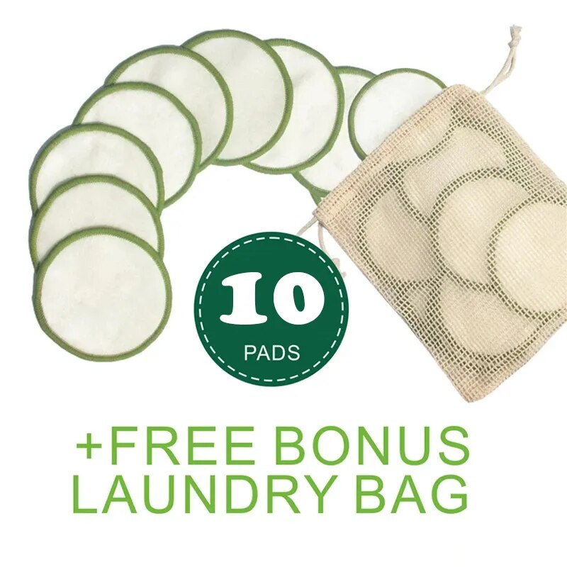 10Pcs Makeup Remover Pads Reusable Washable Round Green Edge Bamboo Cotton Make Up Remover Pads 2 Layers with 100% Washing Bag